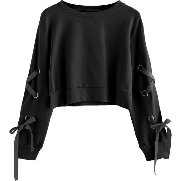 Tops - Women’s Crop Top Sweatshirt Long Sleeve Lace Up Casual Fall Spring